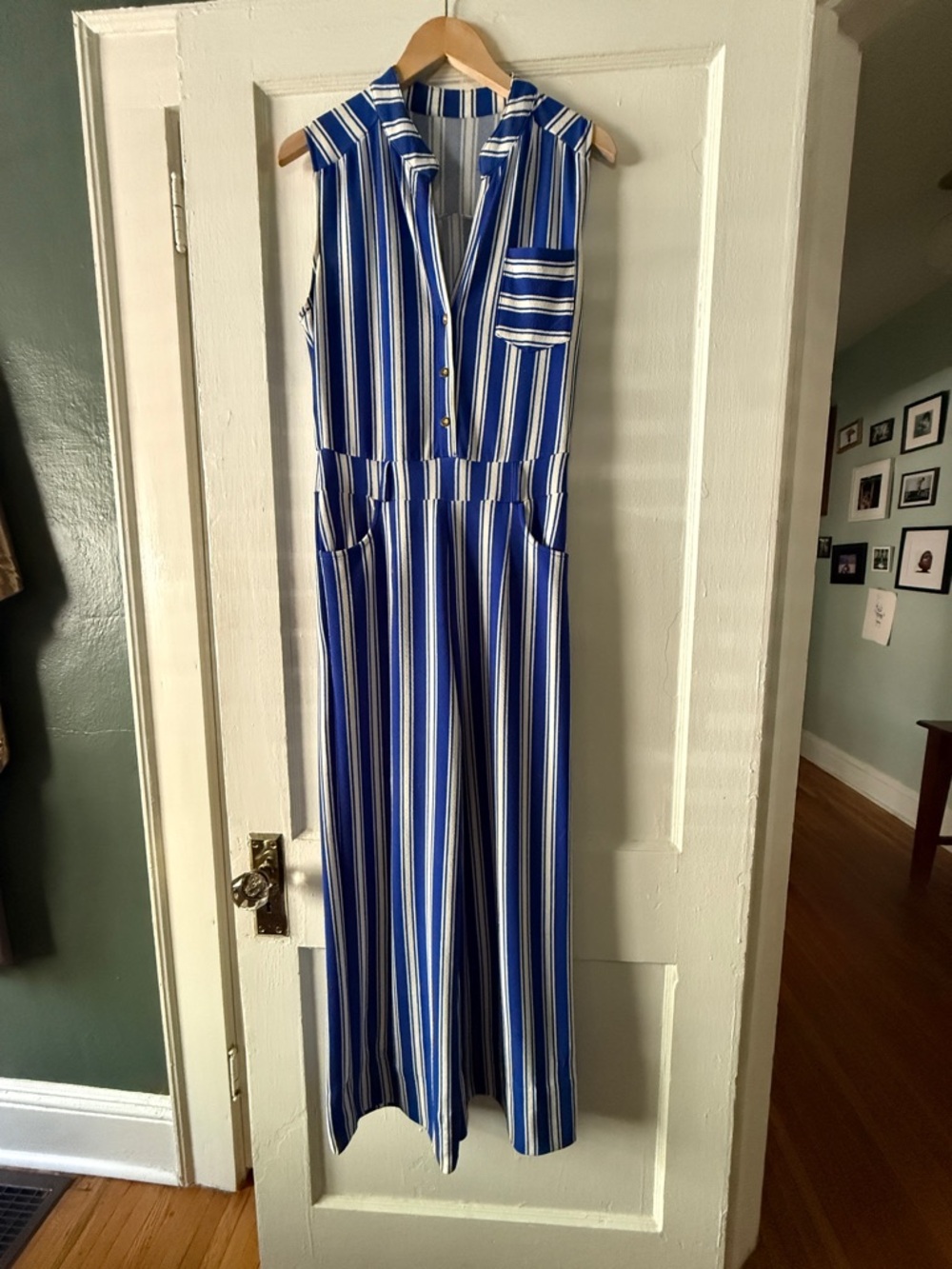 Vintage Blue and White Striped Sleeveless Jumpsuit